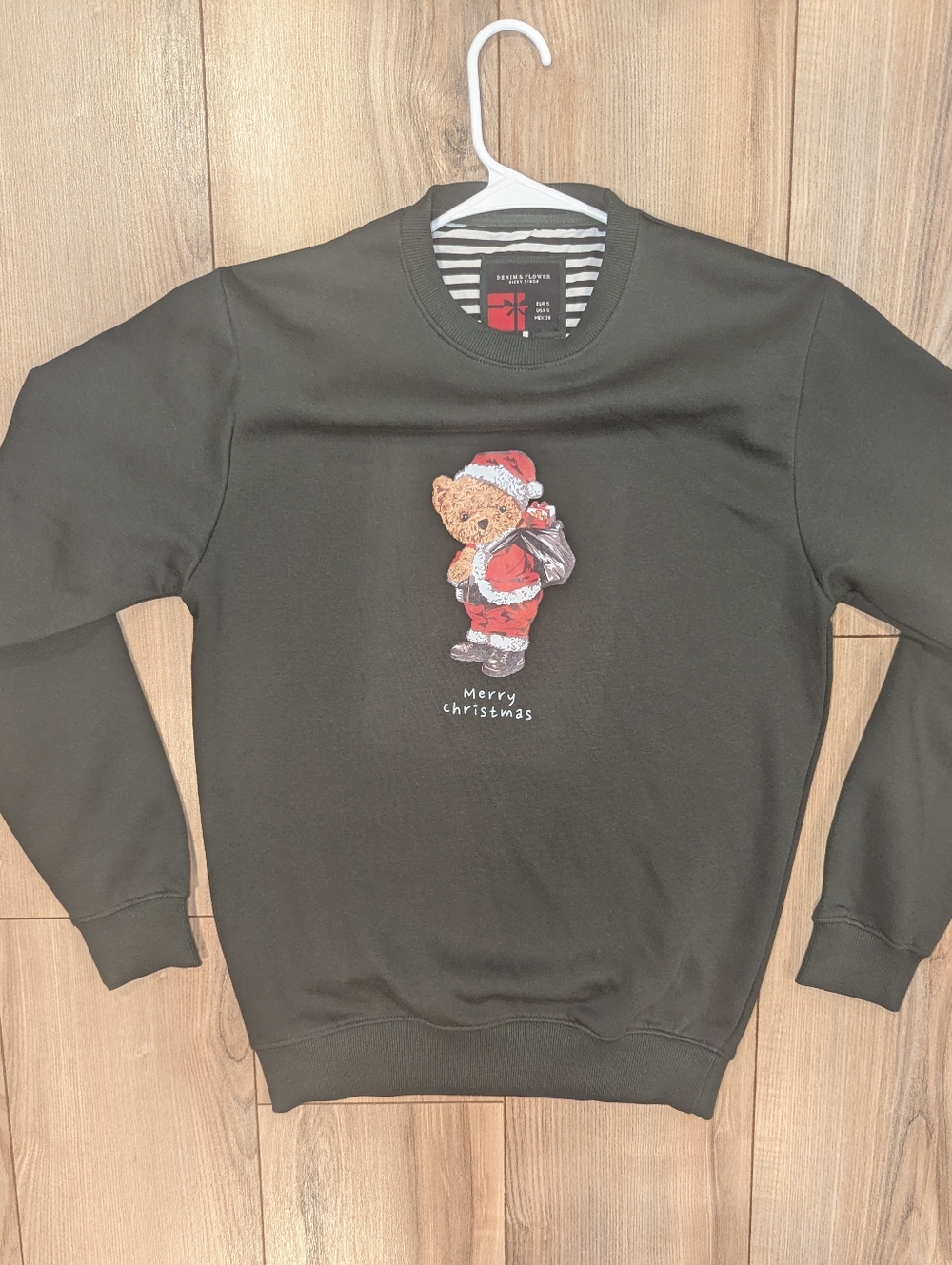 Denim & Flower Black Crewneck Sweater with Teddy Bear Christmas Motif